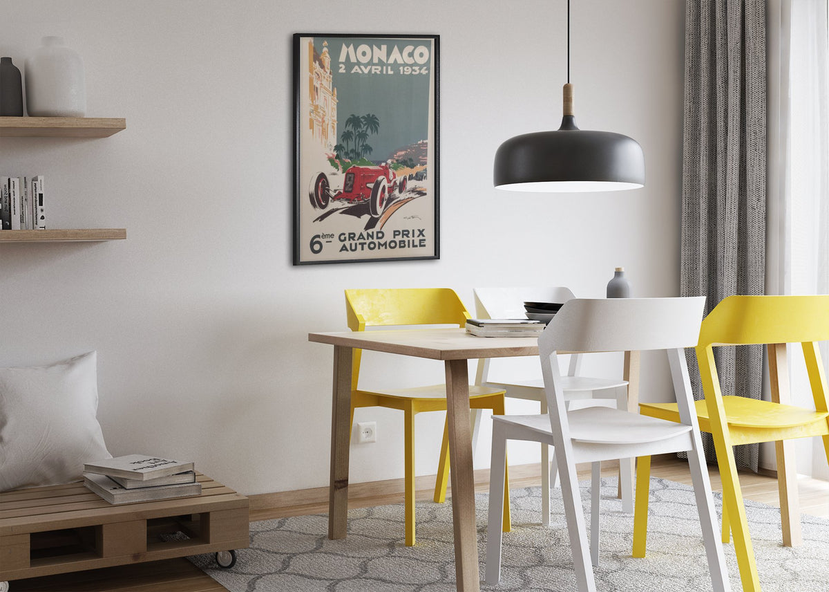 Monaco Grand Prix 1934 poster framed above a dining table