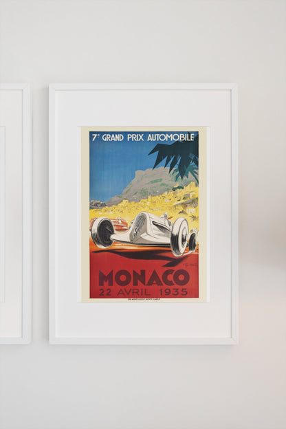 Monaco Grand Prix 1935 poster in a white frame on a light wall