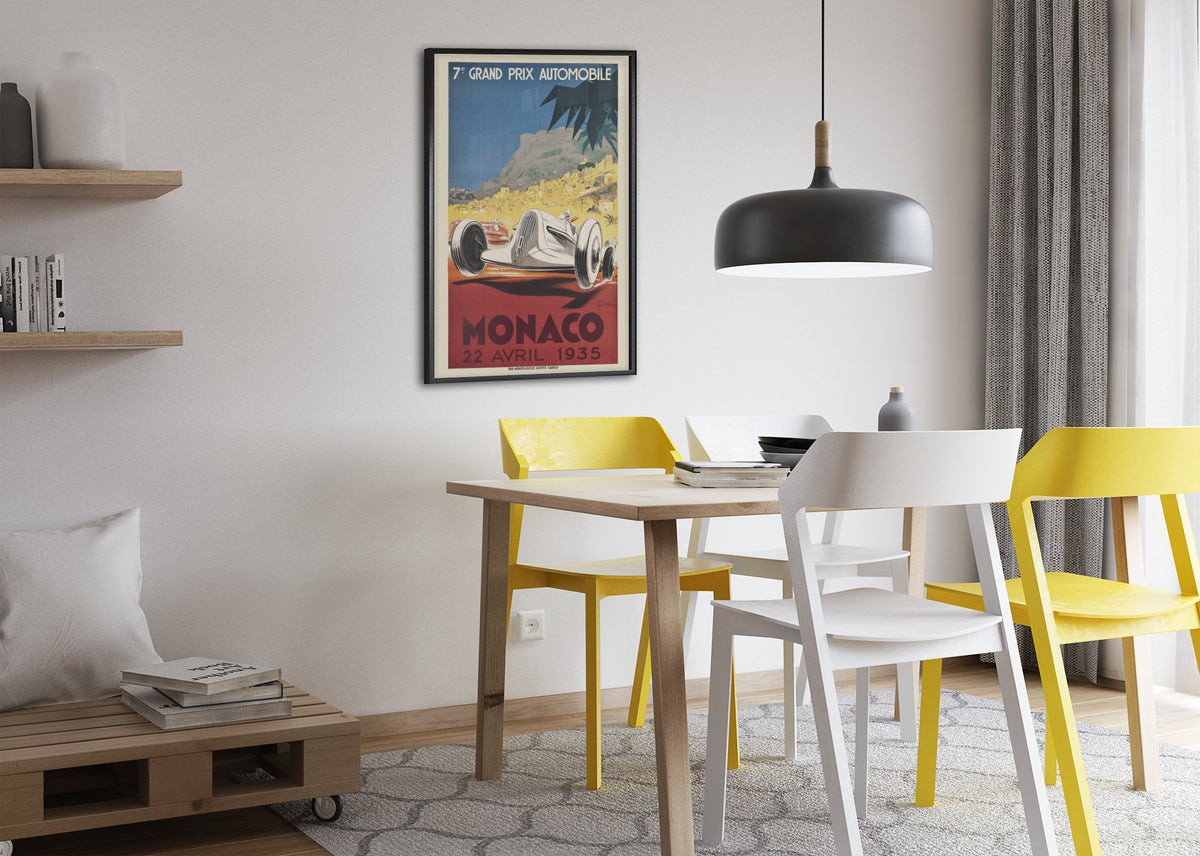 Monaco Grand Prix 1935 poster framed above a dining table
