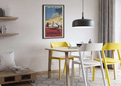 Monaco Grand Prix 1935 poster framed above a dining table