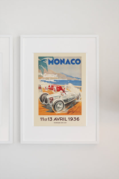 Monaco Grand Prix 1936 poster in a white frame on a light wall