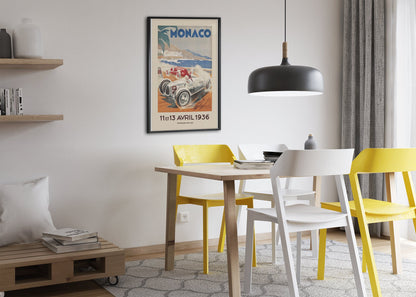 Monaco Grand Prix 1936 poster framed above a dining table