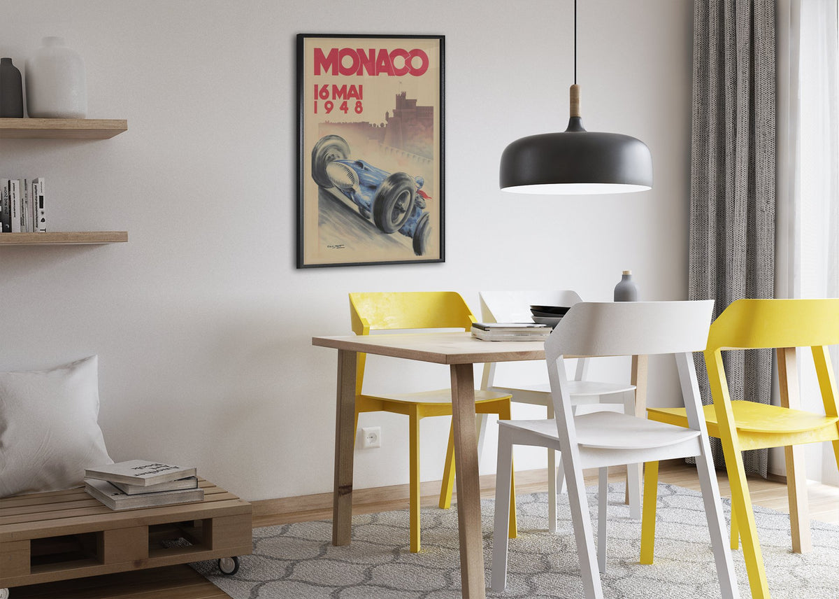 Monaco Grand Prix 1948 poster framed above a dining table