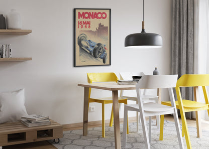 Monaco Grand Prix 1948 poster framed above a dining table