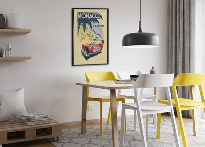Monaco Grand Prix 1952 poster framed above a dining table