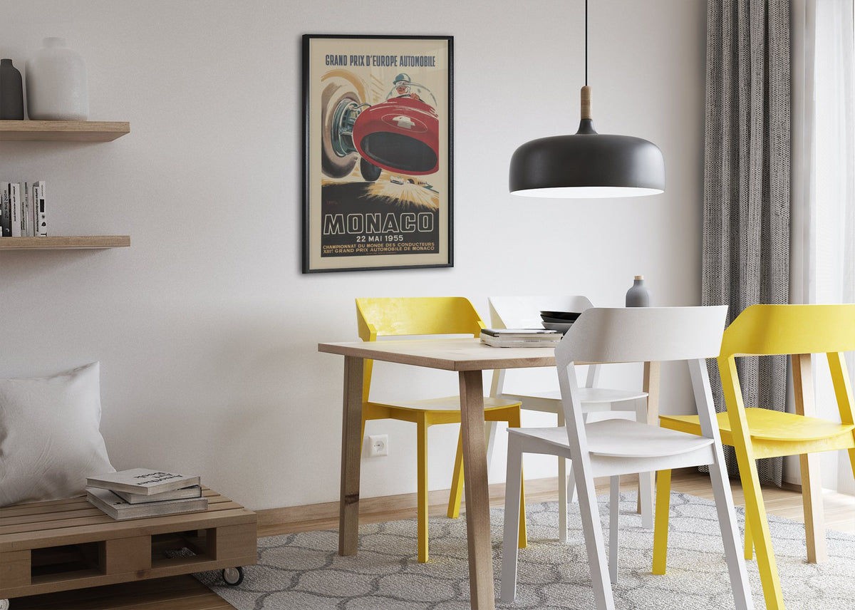 Monaco Grand Prix 1955 poster framed above a dining table
