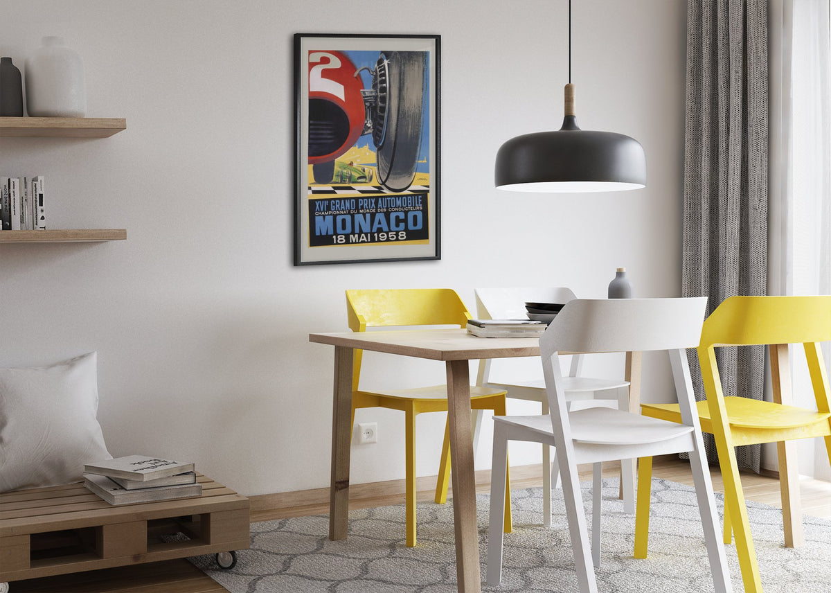 Monaco Grand Prix 1958 poster framed above a dining table