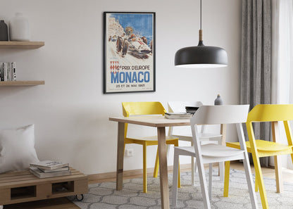Monaco Grand Prix 1963 poster framed above a dining table
