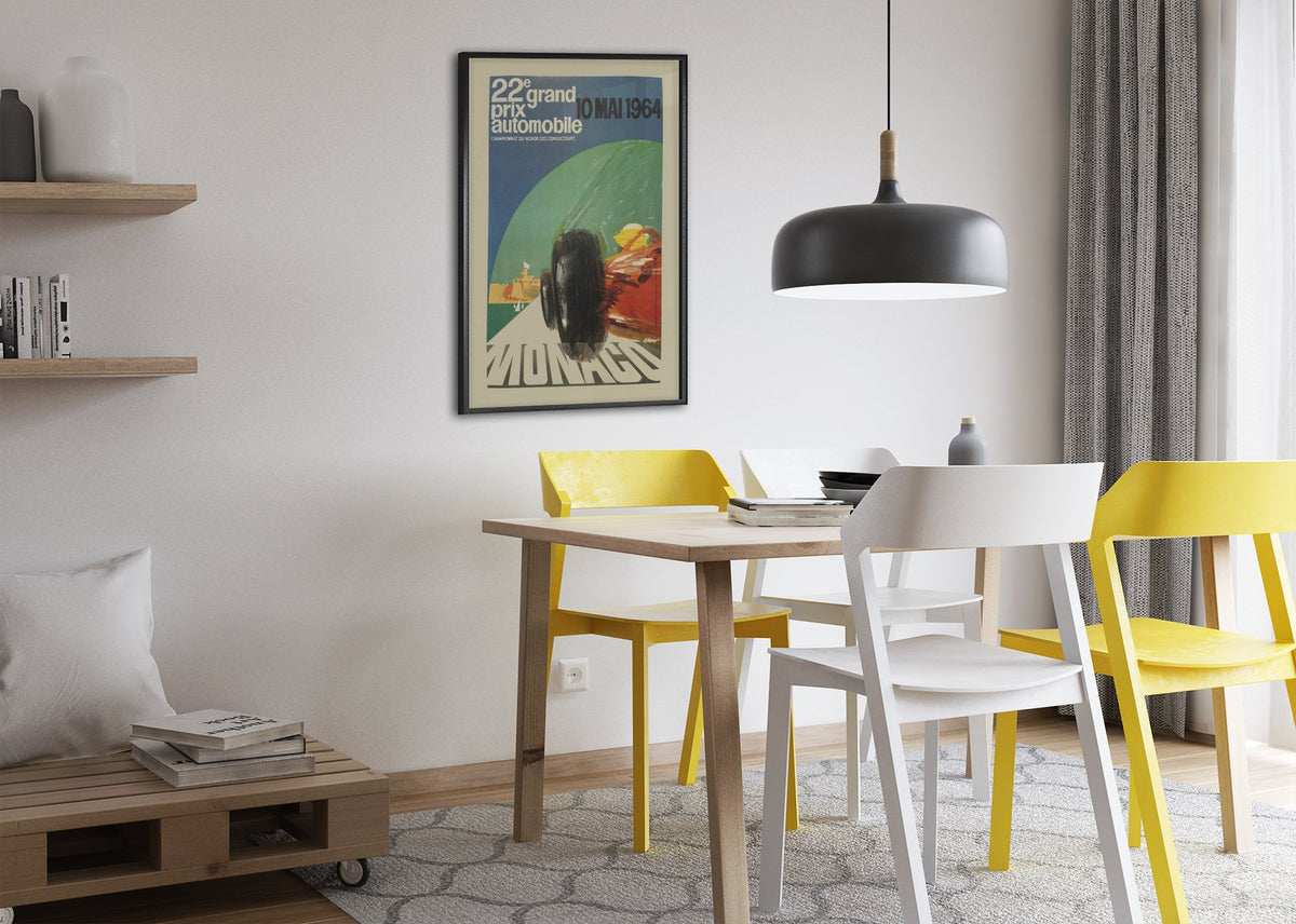 Monaco Grand Prix 1964 poster framed above a dining table