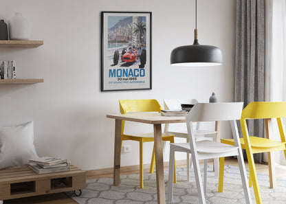 Monaco Grand Prix 1965 poster framed above a dining table