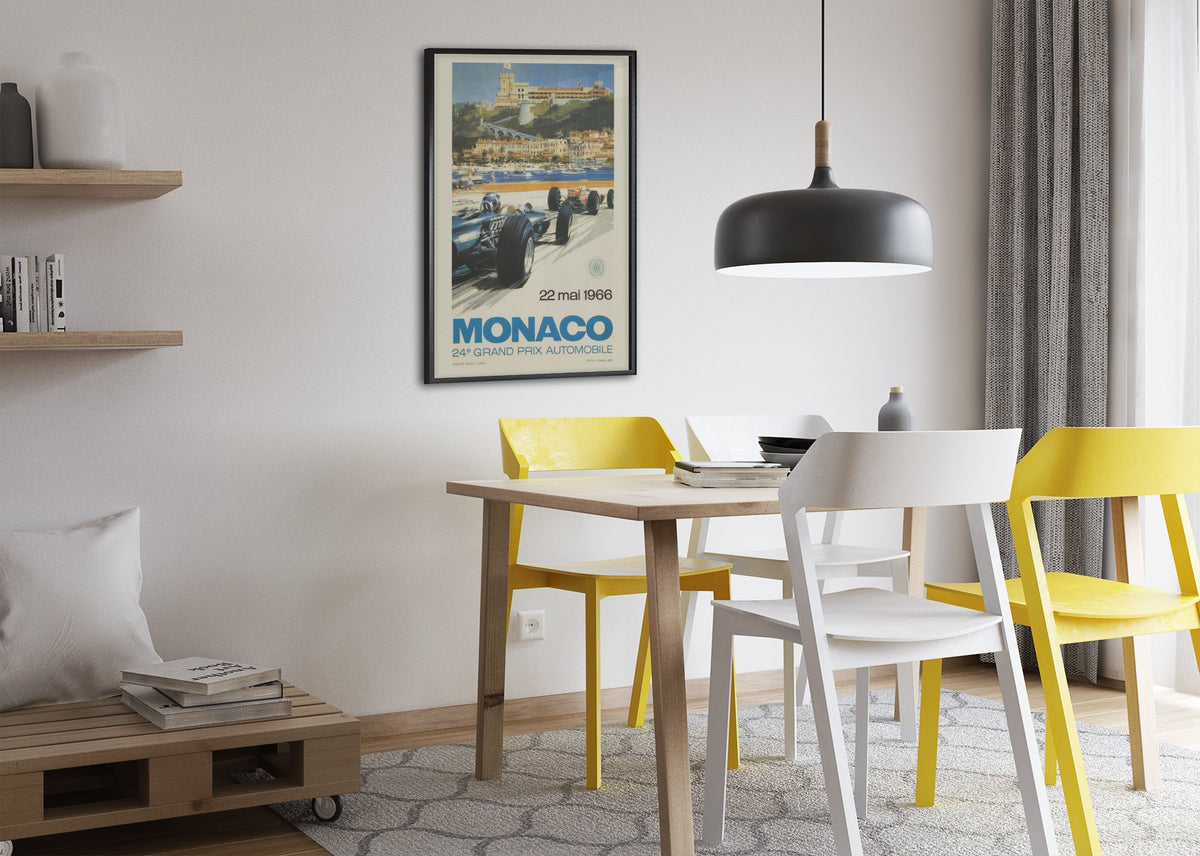 Monaco Grand Prix 1966 poster framed above a dining table