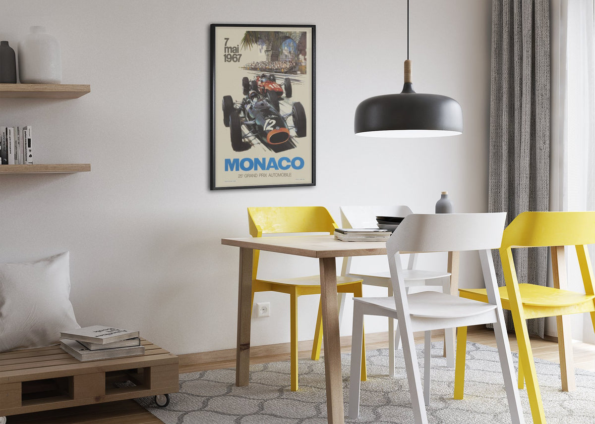 Monaco Grand Prix 1967 poster framed above a dining table