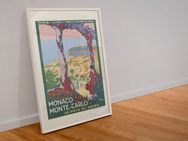 Monaco Monte Carlo poster in a white frame leaning against a wall