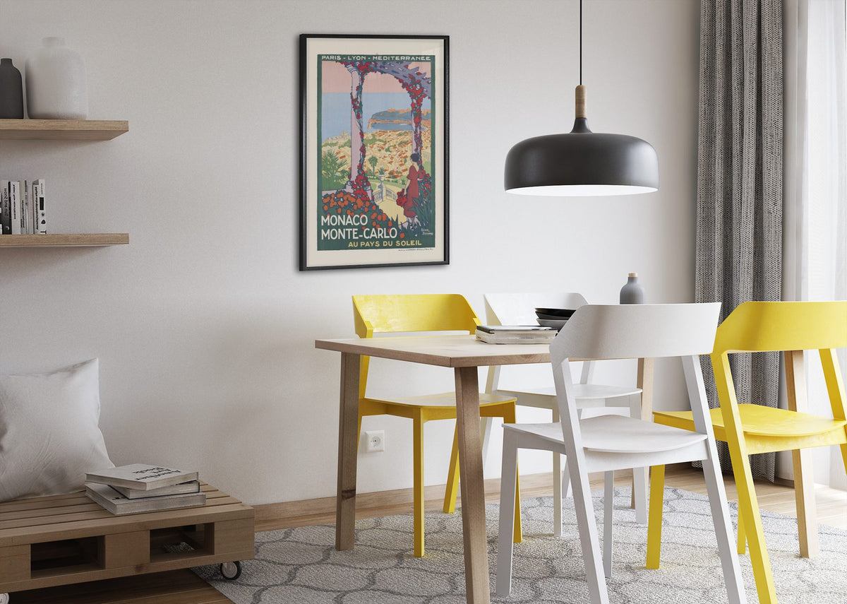 Monaco Monte Carlo poster framed above a dining table