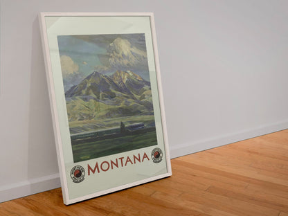 Montana Northern Pacific poster in a white frame leaning against a wall