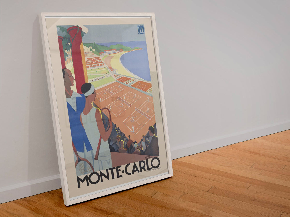 Monte-Carlo Tennis poster in a white frame leaning against a wall
