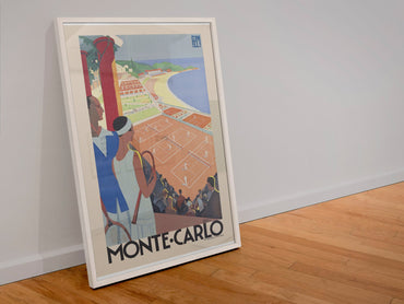 Monte-Carlo Tennis poster in a white frame leaning against a wall