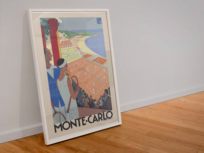 Monte-Carlo Tennis poster in a white frame leaning against a wall