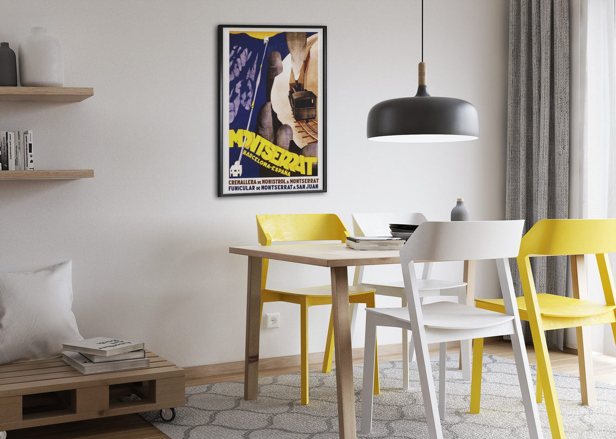 Montserrat Barcelona poster framed above a dining table