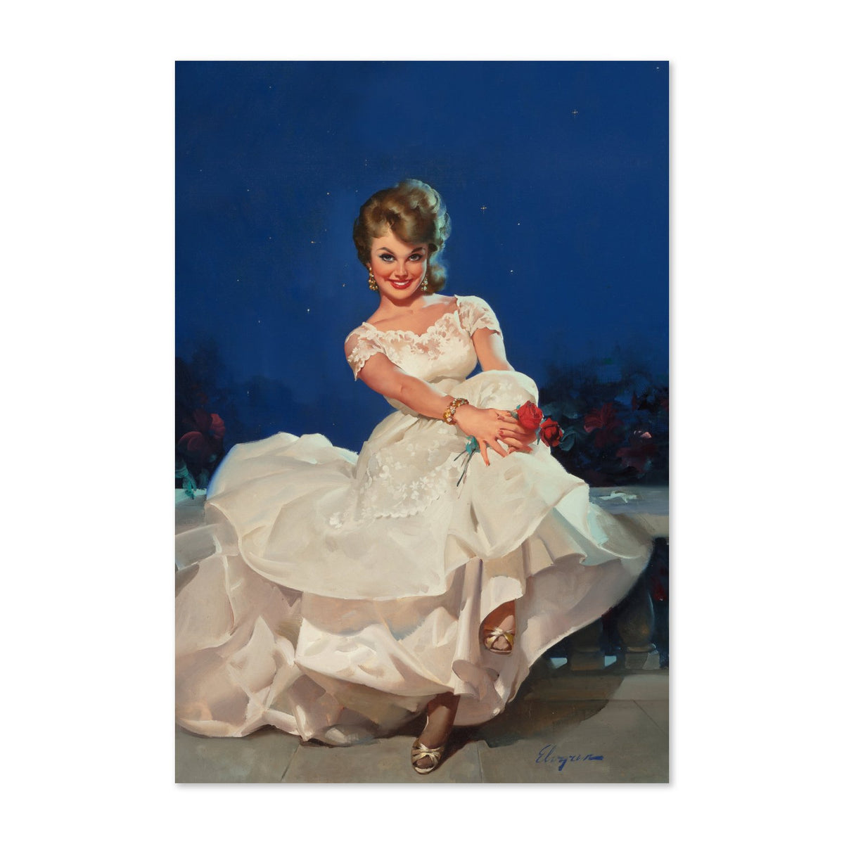 Moonlight and Roses by Gil Elvgren, pin-up poster — framed print