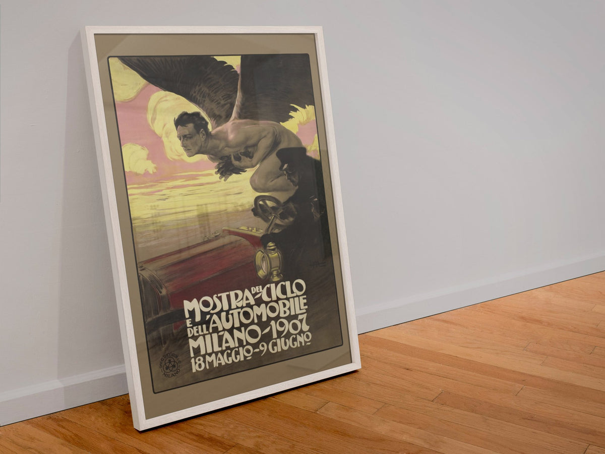 Mostra del Ciclo e dell'Automobile Milano 1907 poster in a white frame leaning against a wall