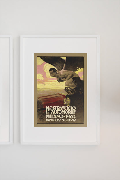 Mostra del Ciclo e dell'Automobile Milano 1907 poster in a white frame on a light wall