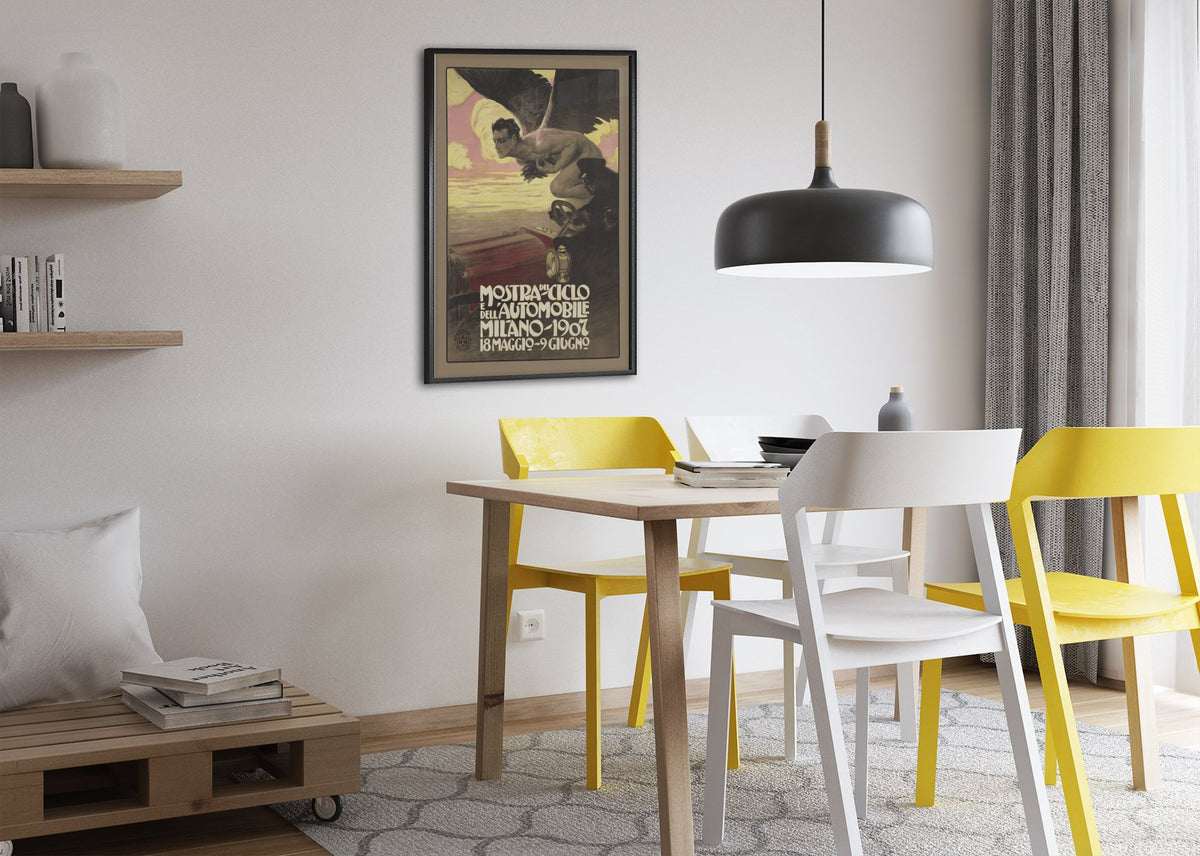 Mostra del Ciclo e dell'Automobile Milano 1907 poster framed above a dining table