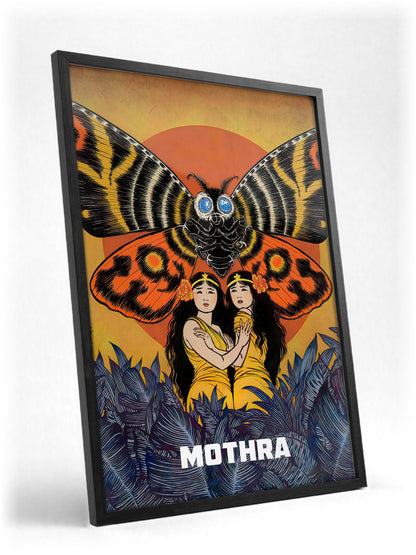 Mothra (1961) Movie Illustrated Art poster in a black frame with glass leaning against a wall