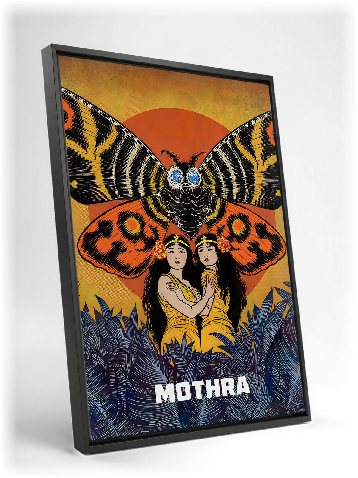 Mothra (1961) Movie Illustrated Art as a black floater framed canvas leaning against a wall