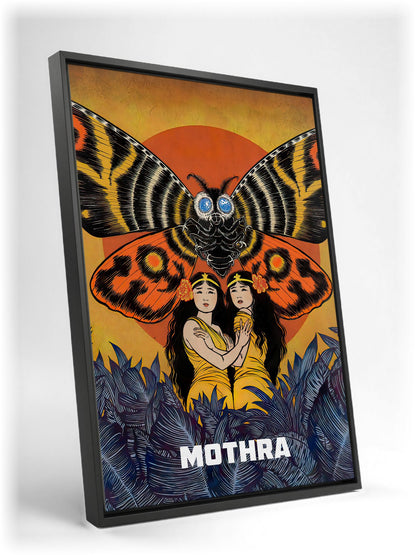Mothra (1961) Movie Illustrated Art as a black floater framed canvas leaning against a wall