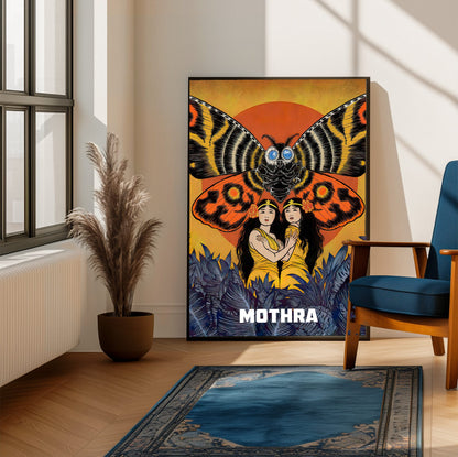 Mothra (1961) Movie Illustrated Art poster framed beside a blue armchair in a sunlit room