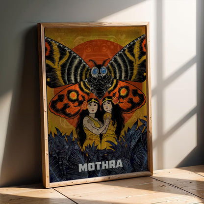 Mothra (1961) Movie Illustrated Art poster in an oak frame leaning on a wooden floor