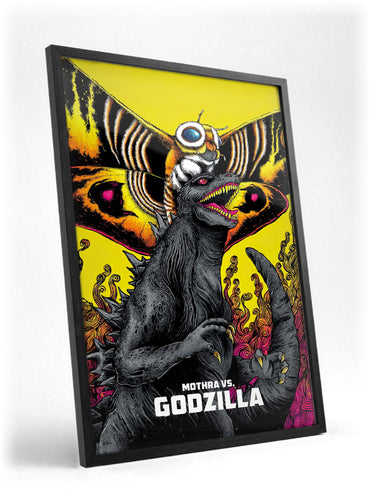 Mothra vs. Godzilla (1964) Movie Illustrated Art poster in a black frame with glass leaning against a wall
