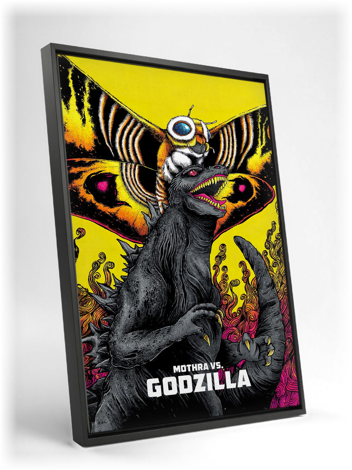 Mothra vs. Godzilla (1964) Movie Illustrated Art as a black floater framed canvas leaning against a wall