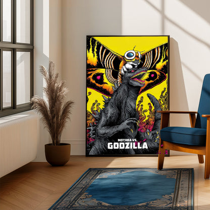 Mothra vs. Godzilla (1964) Movie Illustrated Art poster framed beside a blue armchair in a sunlit room
