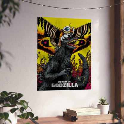 Mothra vs. Godzilla (1964) Movie Illustrated Art poster unframed on a white wall above a desk