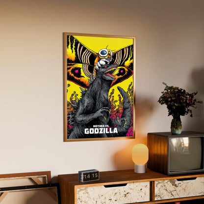 Mothra vs. Godzilla (1964) Movie Illustrated Art poster in an oak frame above a sideboard