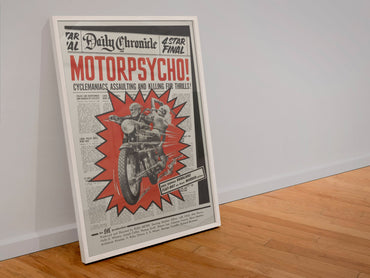 Motorpsycho! 1965 poster in a white frame leaning against a wall