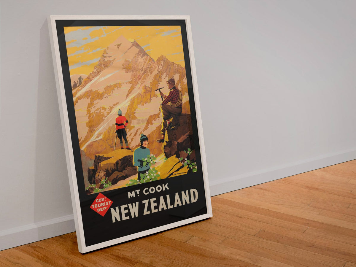 Mt Cook New Zealand poster in a white frame leaning against a wall