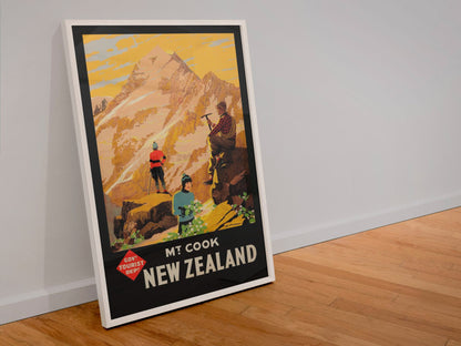 Mt Cook New Zealand poster in a white frame leaning against a wall