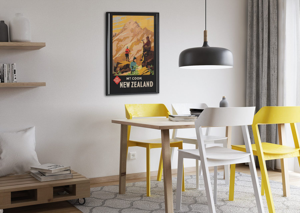 Mt Cook New Zealand poster framed above a dining table