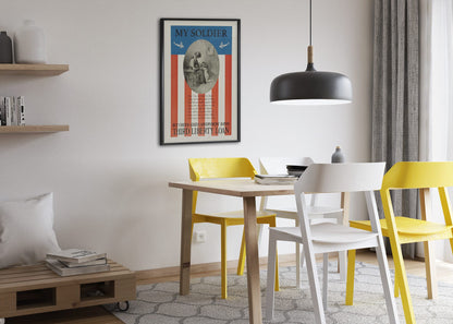 My Soldier — Third Liberty Loan poster framed above a dining table