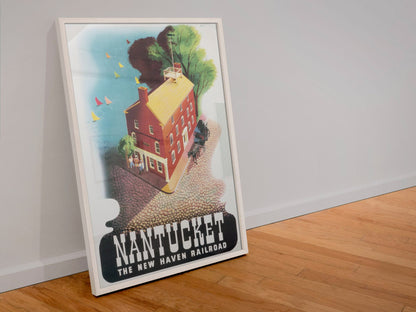 Nantucket New Haven Railroad poster in a white frame leaning against a wall