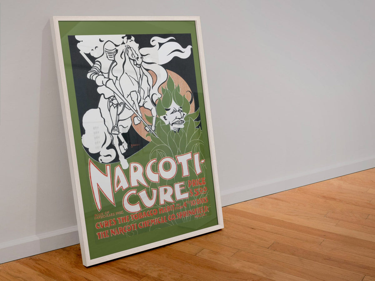 Narcoti Cure Cures the Tobacco Habit poster in a white frame leaning against a wall