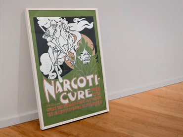 Narcoti Cure Cures the Tobacco Habit poster in a white frame leaning against a wall