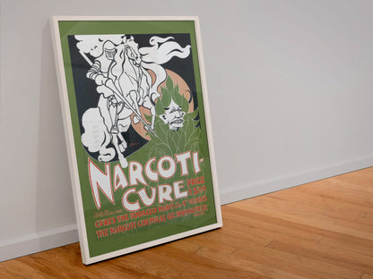 Narcoti Cure Cures the Tobacco Habit poster in a white frame leaning against a wall