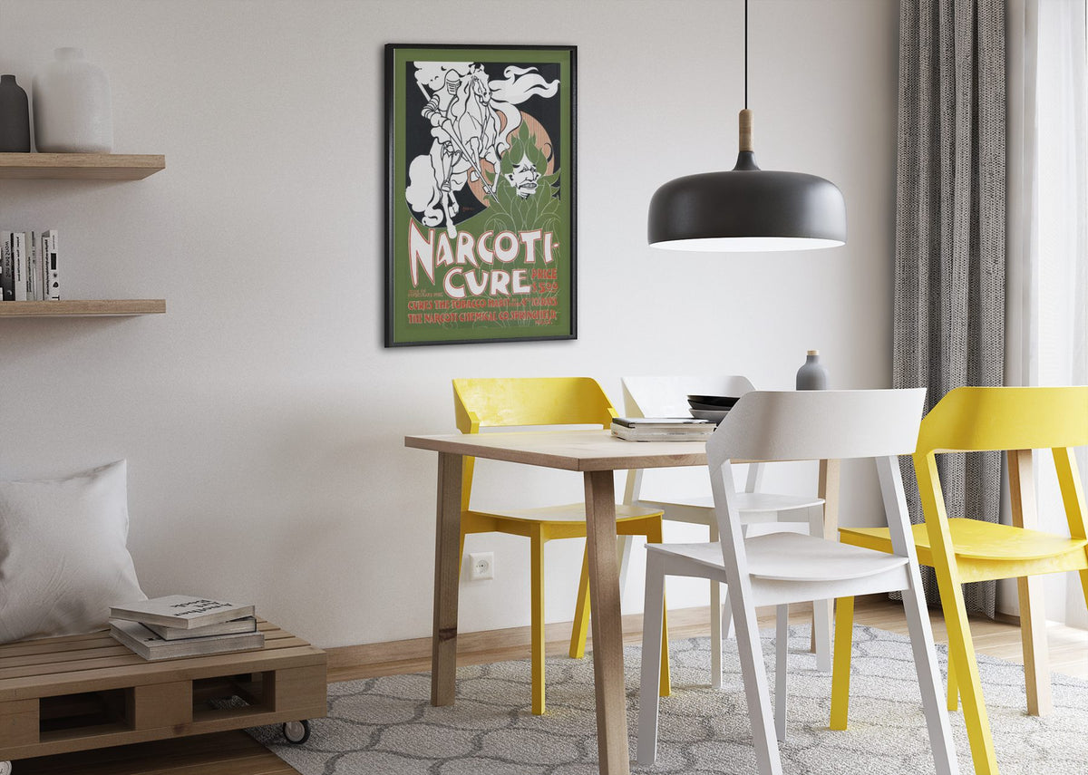 Narcoti Cure Cures the Tobacco Habit poster framed above a dining table