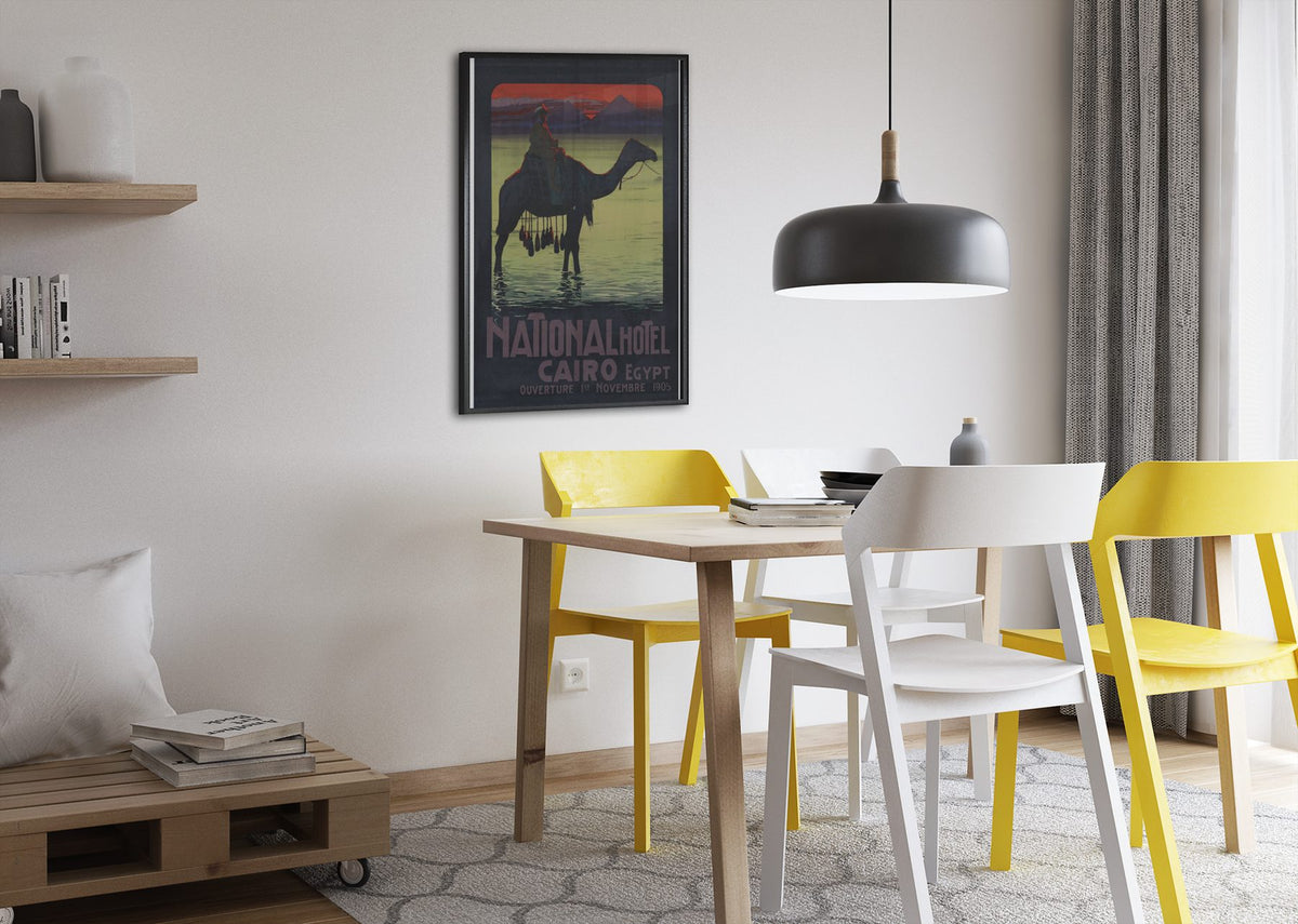 National Hotel Cairo — Egypt poster framed above a dining table