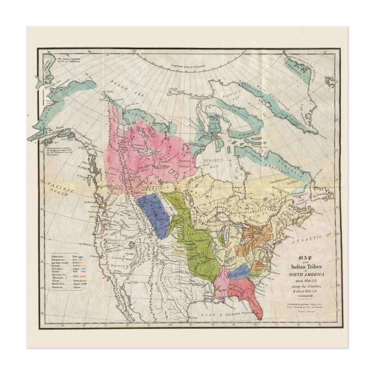 Native American Tribes 1836 Map vintage print
