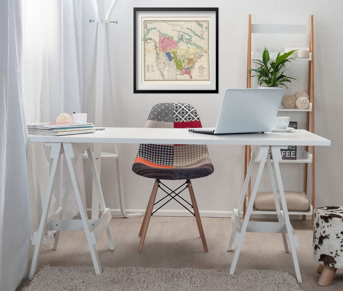 Native American Tribes 1836 Map print framed above a white desk in a home office